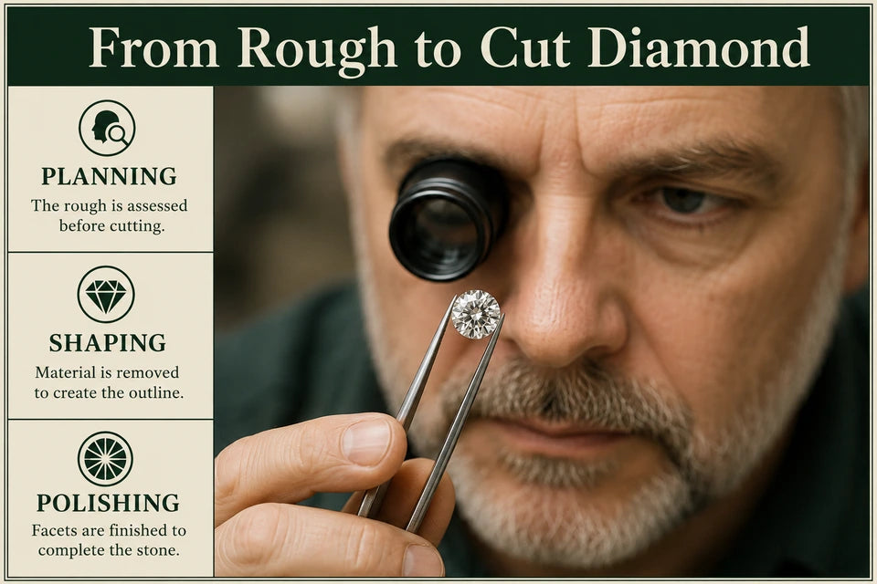 How Laser Cutting Tech Is Used to Shape Rough Lab-grown Diamonds: The rough is assessed before cutting. Material is removed to create the outline.