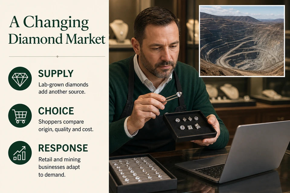 How the Rise of Lab-grown Diamonds Is Forcing the Mining Industry to Change: Lab-grown diamonds add another source. Shoppers compare origin, quality and cost.