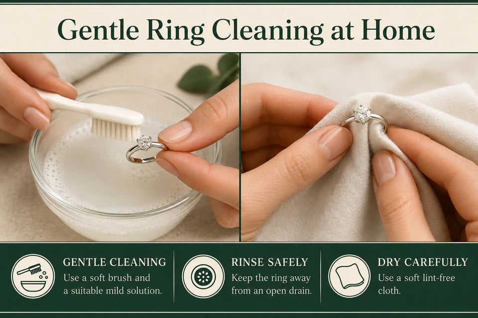 How to Clean a Lab-grown Diamond Ring at Home Without Damaging the Metal: Use a soft brush and a suitable mild solution. Keep the ring away from an open drain.