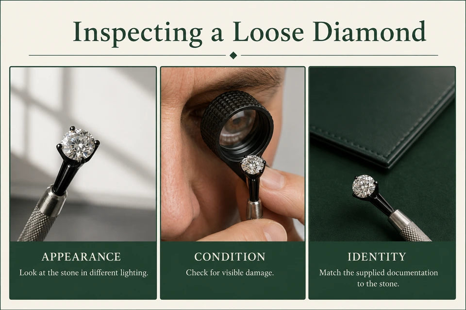 How to Inspect a Loose Lab-grown Diamond at Home Before Setting It: Look at the stone in different lighting. Check for visible damage.