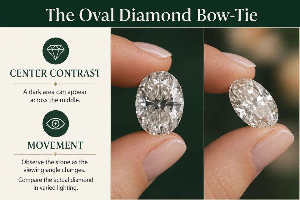 Lab-grown Oval Diamonds - How to Avoid the "bow-tie Effect." Guide for Lab-grown Jewelry Buyers: A dark area can appear across the middle. Observe the stone as the viewing angle changes.