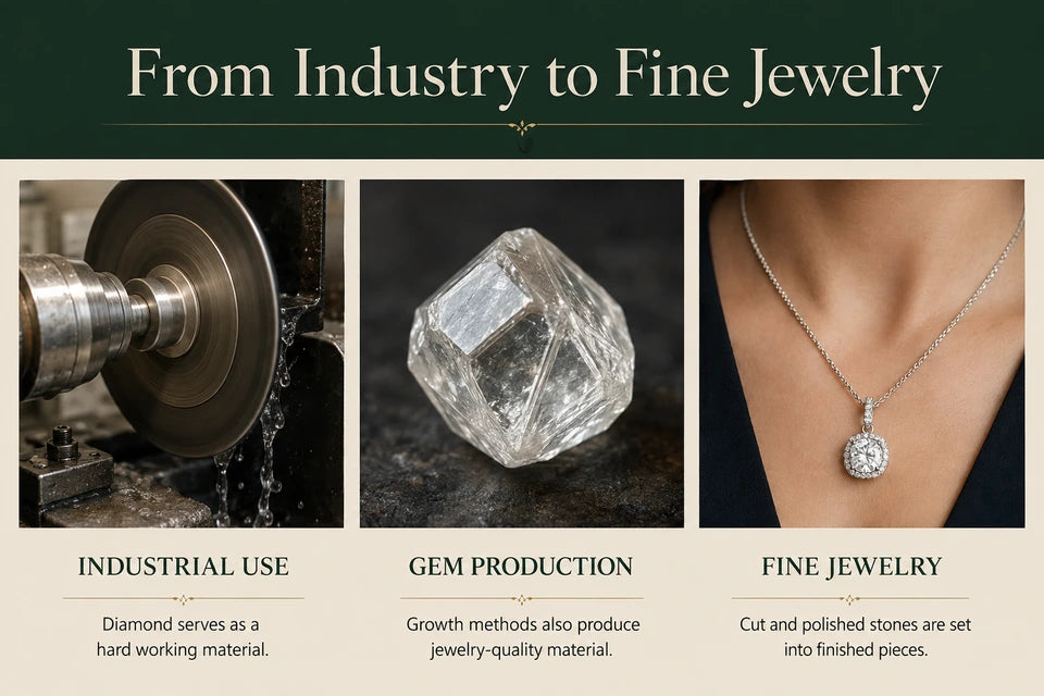 The History of Lab-grown Diamonds - From Industrial Tools to Fine Jewelry Guide for Lab-grown Jewelry Buyers: Diamond serves as a hard working material. Growth methods also produce jewelry-quality material.