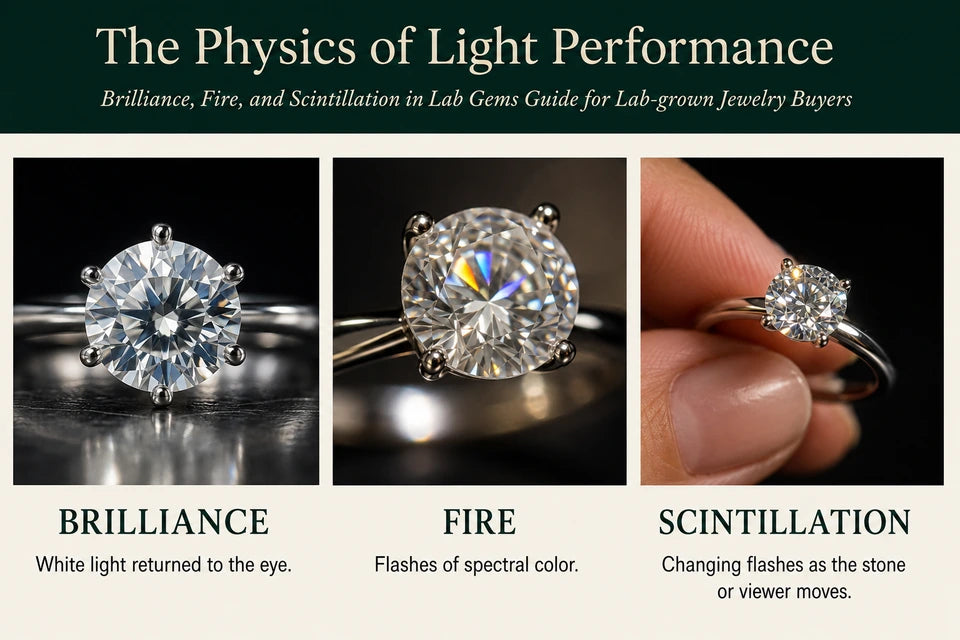 The Physics of Light Performance - Brilliance, Fire, and Scintillation in Lab Gems Guide for Lab-grown Jewelry Buyers: White light returned to the eye. Flashes of spectral color.