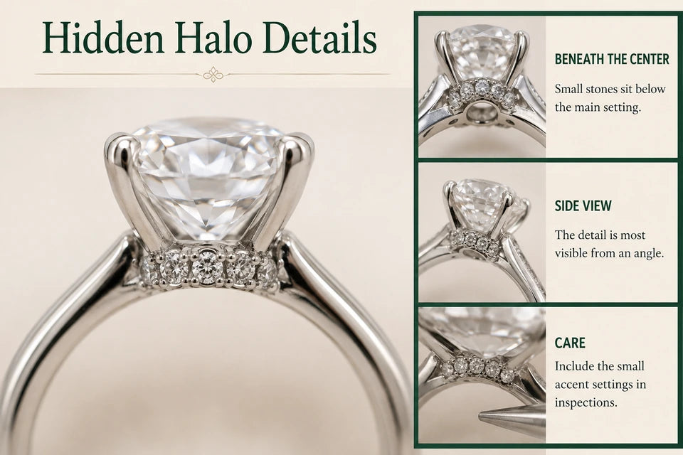 The Pros and Cons of Hidden Halos in Lab-grown Diamond Settings Guide for Lab-grown Jewelry Buyers: Small stones sit below the main setting. The detail is most visible from an angle.