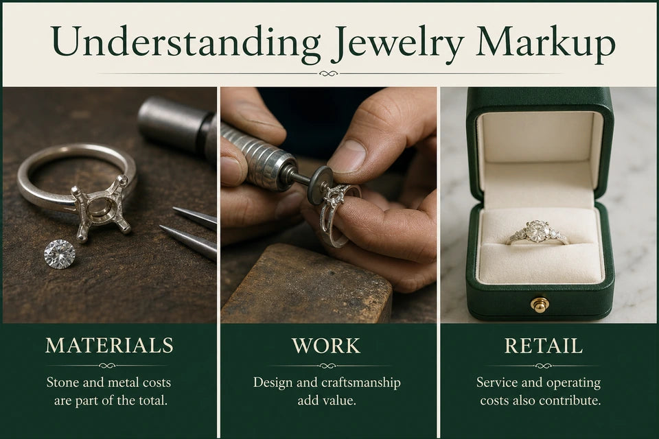 Why the Markup on Lab-grown Jewelry Is Different from Natural Jewelry: Stone and metal costs are part of the total. Design and craftsmanship add value.