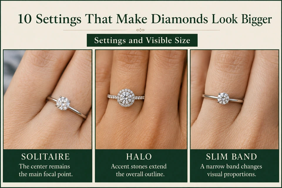 10 Settings That Make Diamonds Look Bigger: Accent stones extend the overall outline. A narrow band changes visual proportions.