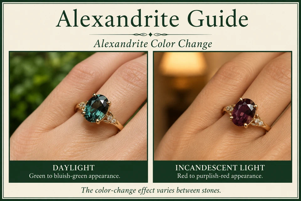 Alexandrite Guide: Green to bluish-green appearance. Red to purplish-red appearance.