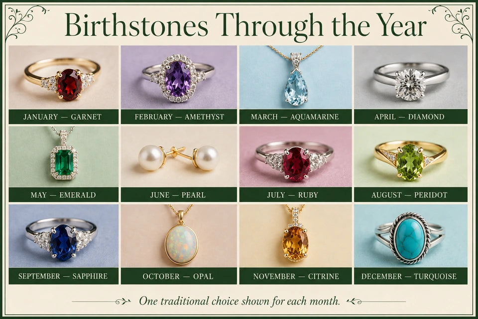 Birthstones by Month: One traditional choice shown for each month.