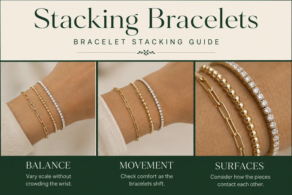 Bracelet Stacking Guide: Vary scale without crowding the wrist. Check comfort as the bracelets shift.