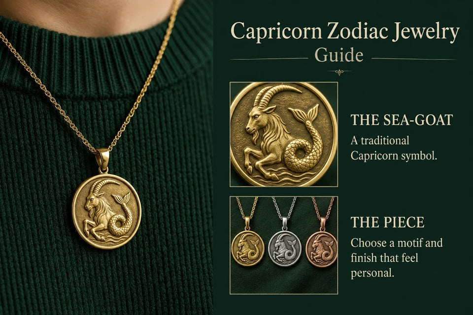 Capricorn Zodiac Jewelry Guide: A traditional Capricorn symbol. Choose a motif and finish that feel personal.