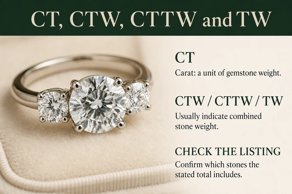 CT, CTW, CTTW, and TW Comparison: Carat: a unit of gemstone weight. Usually indicate combined stone weight.
