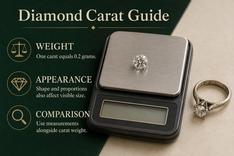 Diamond Carat Guide: One carat equals 0.2 grams. Shape and proportions also affect visible size.
