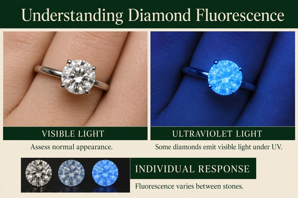 Diamond Fluorescence: Assess normal appearance. Some diamonds emit visible light under UV.