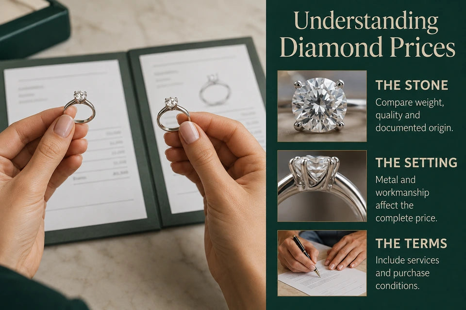 Diamond Price: Compare weight, quality and documented origin. Metal and workmanship affect the complete price.