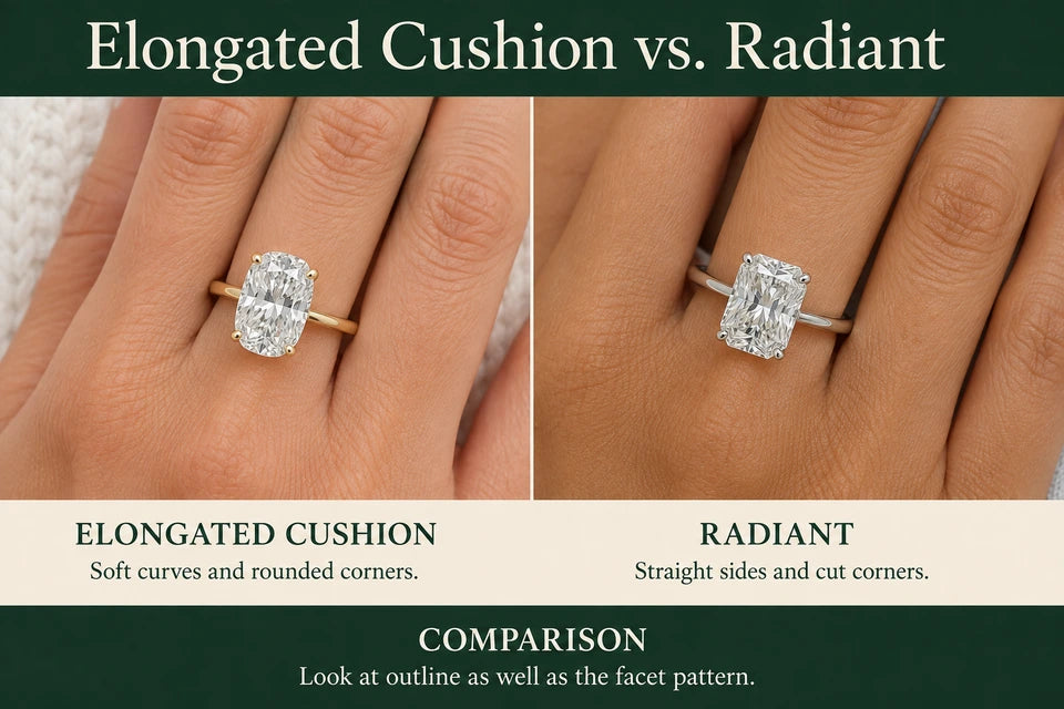 Elongated Cushion vs. Radiant Diamond Shape: Elongated Cushion vs. Radiant Soft curves and rounded corners.