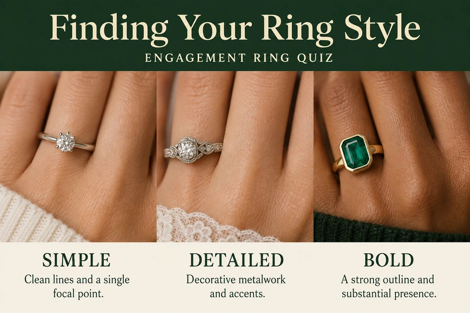 Engagement Ring Quiz: Clean lines and a single focal point. Decorative metalwork and accents.