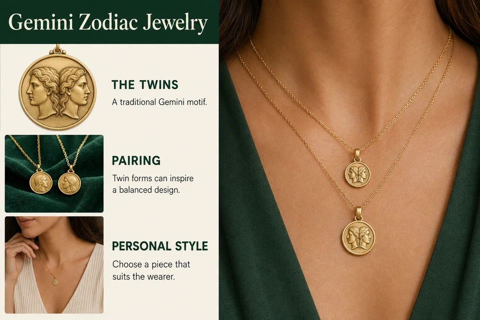 Gemini Zodiac Jewelry Guide: A traditional Gemini motif. Twin forms can inspire a balanced design.