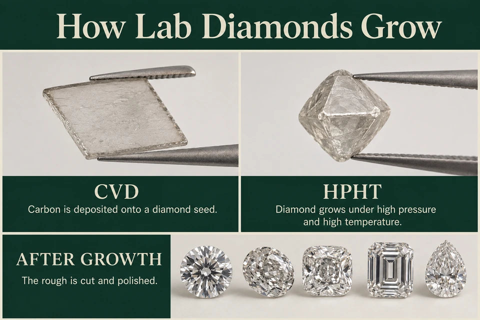 How Are Lab Grown Diamonds Made?: Carbon is deposited onto a diamond seed. Diamond grows under high pressure and high temperature.