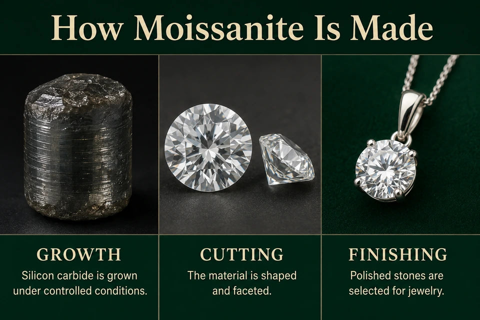 How Is Moissanite Made?: Silicon carbide is grown under controlled conditions. The material is shaped and faceted.