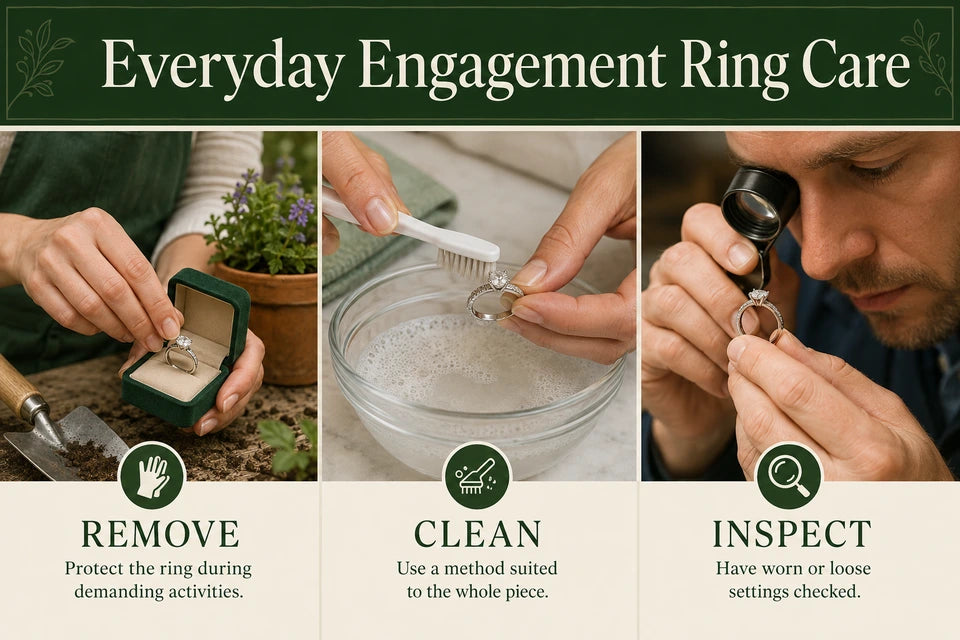 How to Care for Your Engagement Ring: When to Take It Off and Maintenance Tips: Protect the ring during demanding activities. Use a method suited to the whole piece.