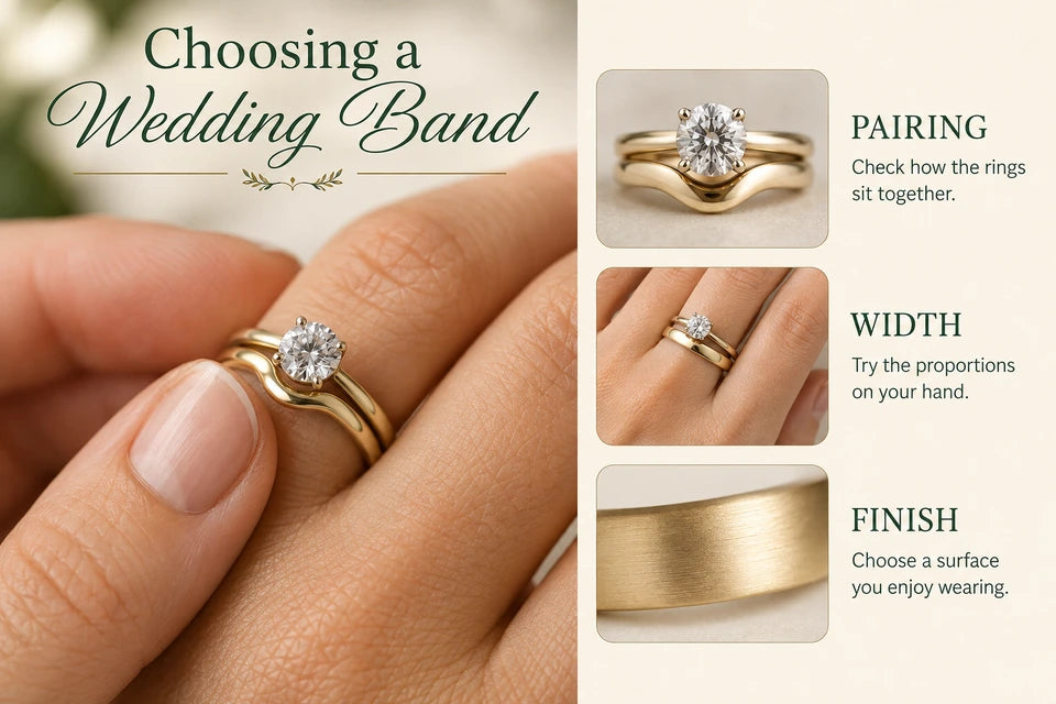 How to Choose a Wedding Band: Check how the rings sit together. Try the proportions on your hand.