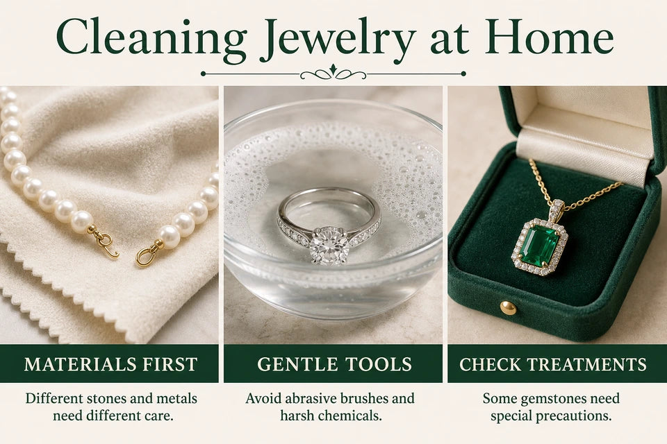 How to Clean Jewelry at Home: Different stones and metals need different care. Avoid abrasive brushes and harsh chemicals.