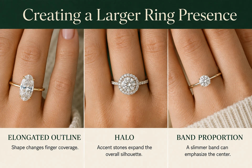 How to Make a Diamond Engagement Ring Look Bigger: Shape changes finger coverage. Accent stones expand the overall silhouette.