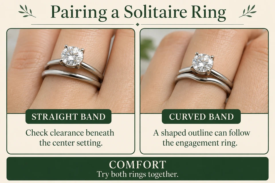 How to Pair a Solitaire Engagement Ring with a Wedding Band: Check clearance beneath the center setting. A shaped outline can follow the engagement ring.