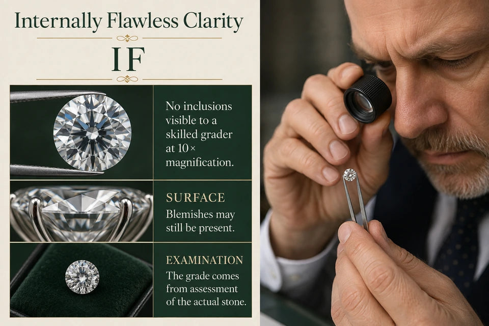 Internally Flawless (IF) Diamond Clarity Guide: No inclusions visible to a skilled grader at 10× magnification. Blemishes may still be present.