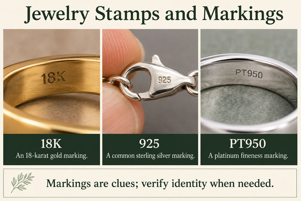 Jewelry Stamps & Markings Identification Guide: An 18-karat gold marking. A common sterling silver marking.