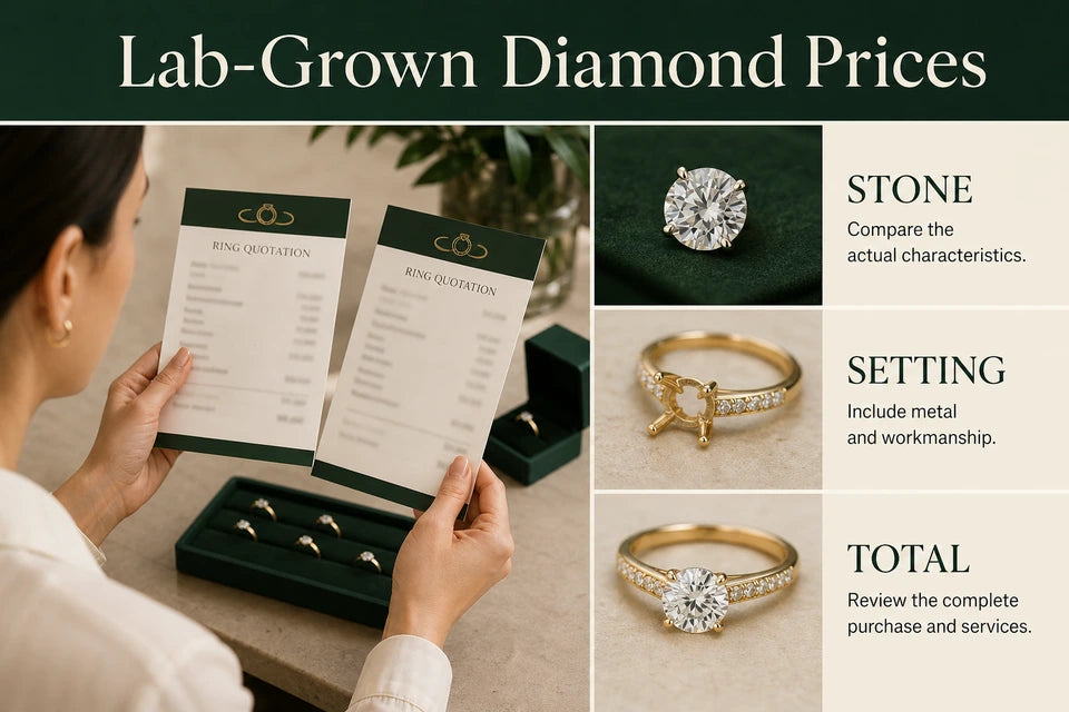 Lab Grown Diamonds Price: Compare the actual characteristics. Include metal and workmanship.