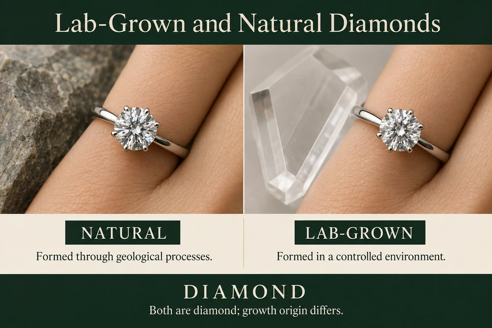Lab Grown vs. Natural Diamond: Formed through geological processes. Formed in a controlled environment.