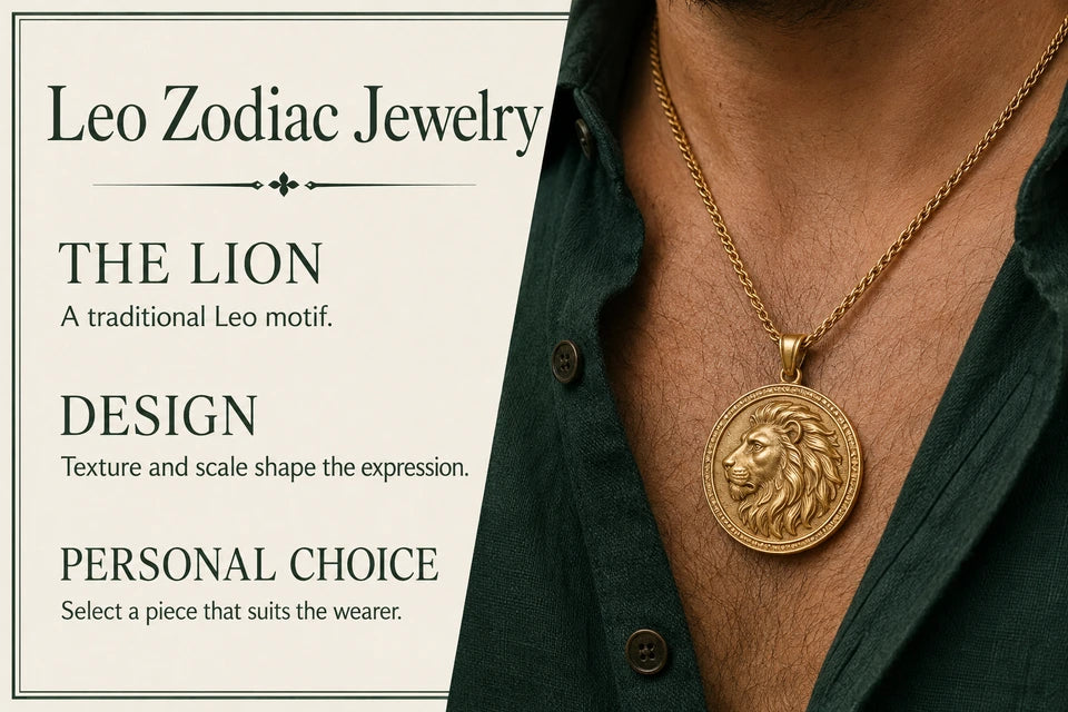 Leo Zodiac Jewelry Guide: A traditional Leo motif. Texture and scale shape the expression.