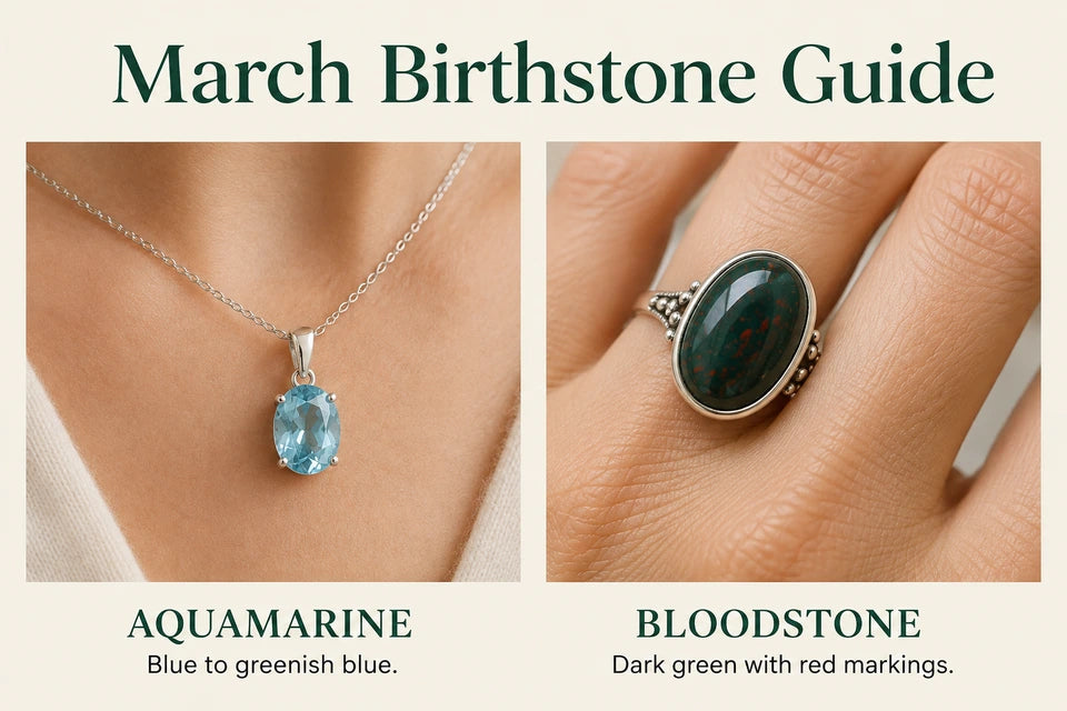 March Birthstone Guide: Blue to greenish blue. Dark green with red markings.