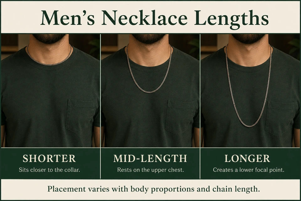 Men's Chain & Necklace Lengths: Sits closer to the collar. Rests on the upper chest.