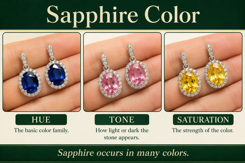 Sapphire Color: The basic color family. How light or dark the stone appears.
