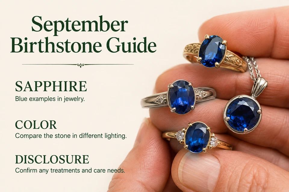 September Birthstone Guide: Blue examples in jewelry. Compare the stone in different lighting.