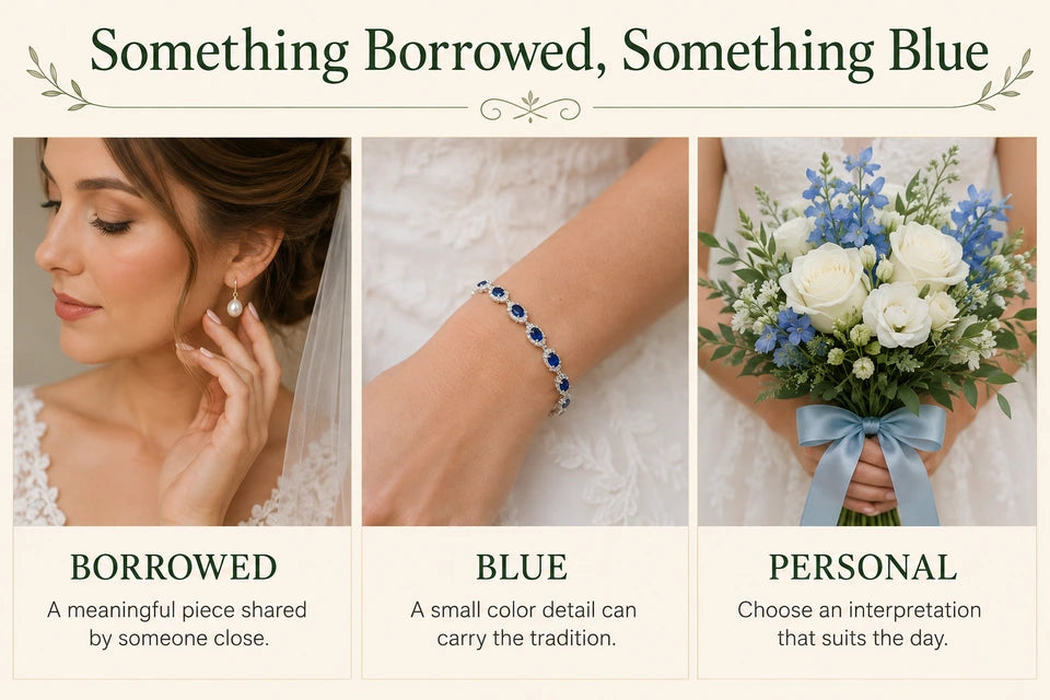 Something Borrowed, Something Blue: Saying & Ideas: A meaningful piece shared by someone close. A small color detail can carry the tradition.