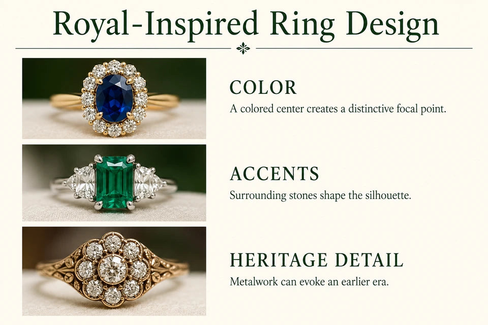 The Most Iconic Royal Engagement Rings: A colored center creates a distinctive focal point. Surrounding stones shape the silhouette.