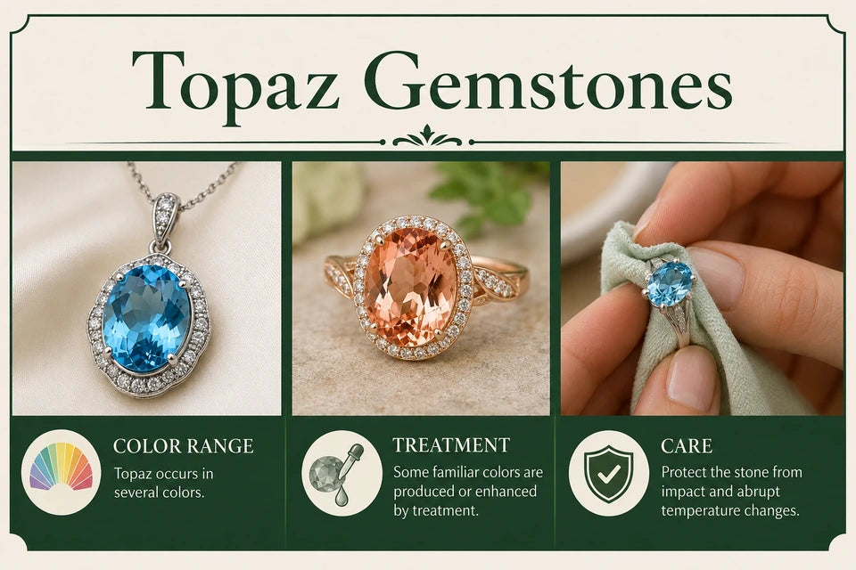 Topaz Gemstone Guide: Topaz occurs in several colors. Some familiar colors are produced or enhanced by treatment.