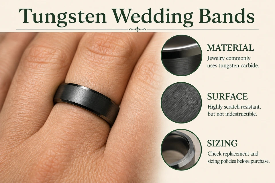 Tungsten Ring Guide: Jewelry commonly uses tungsten carbide. Highly scratch resistant, but not indestructible.