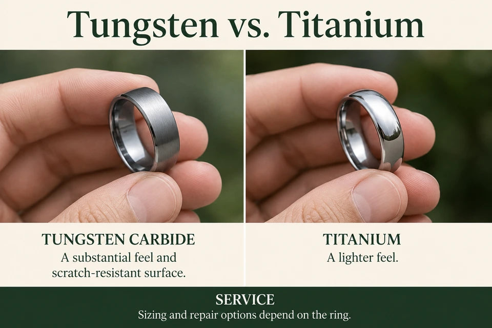 Tungsten vs. Titanium: Tungsten vs. Titanium A substantial feel and scratch-resistant surface.