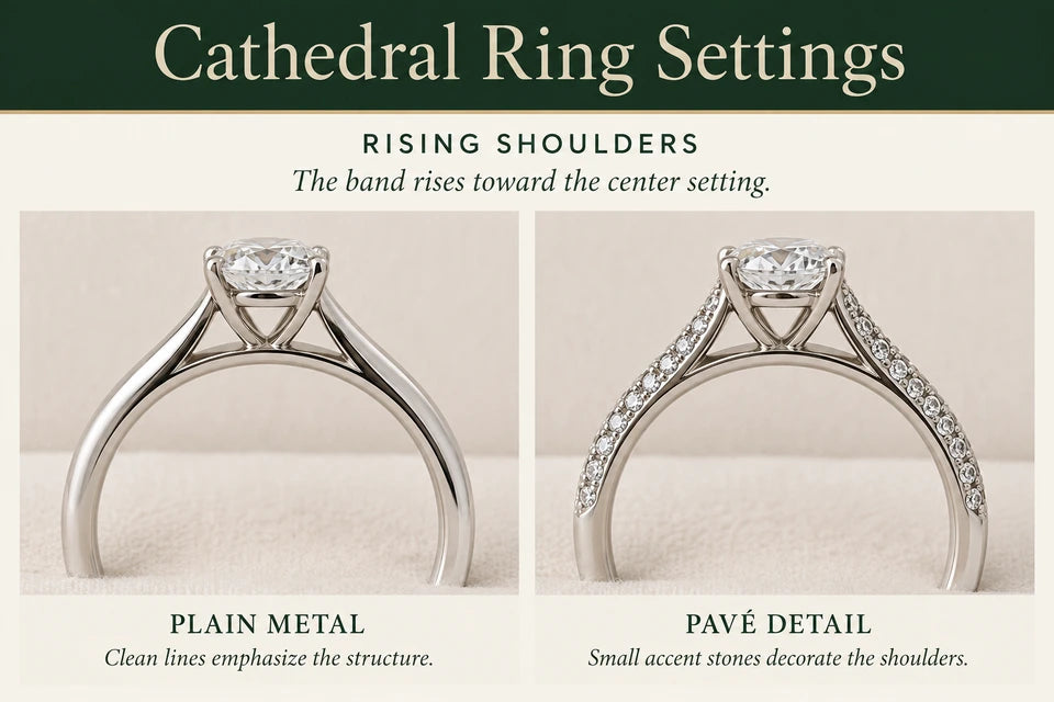 Types of Cathedral Ring Settings: The band rises toward the center setting. Clean lines emphasize the structure.