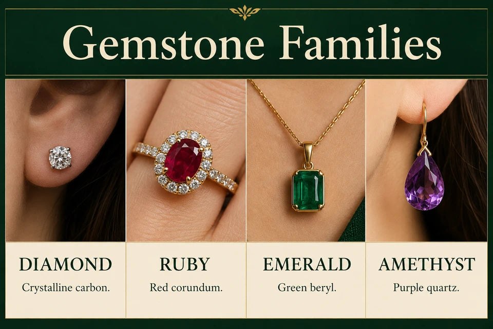 Types of Gemstones: Crystalline carbon. Red corundum.