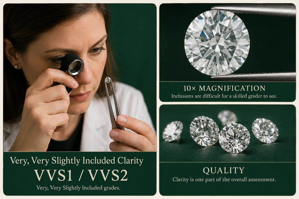 Very, Very Slightly Included (VVS) Diamond Clarity Guide: Very, Very Slightly Included grades. Inclusions are difficult for a skilled grader to see.
