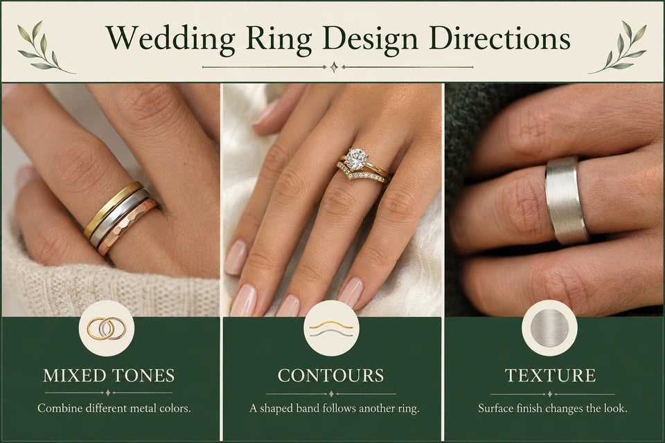 Wedding Ring Trends 2026: Combine different metal colors. A shaped band follows another ring.