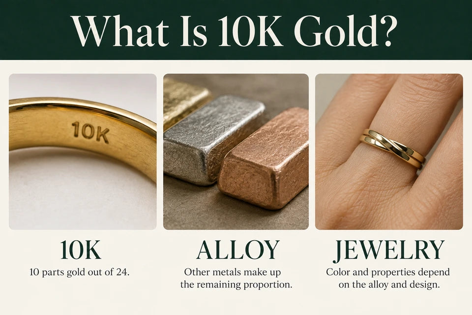 What Is 10K Gold?: 10 parts gold out of 24. Other metals make up the remaining proportion.