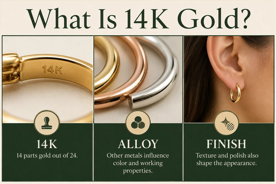 What Is 14K Gold?: 14 parts gold out of 24. Other metals influence color and working properties.