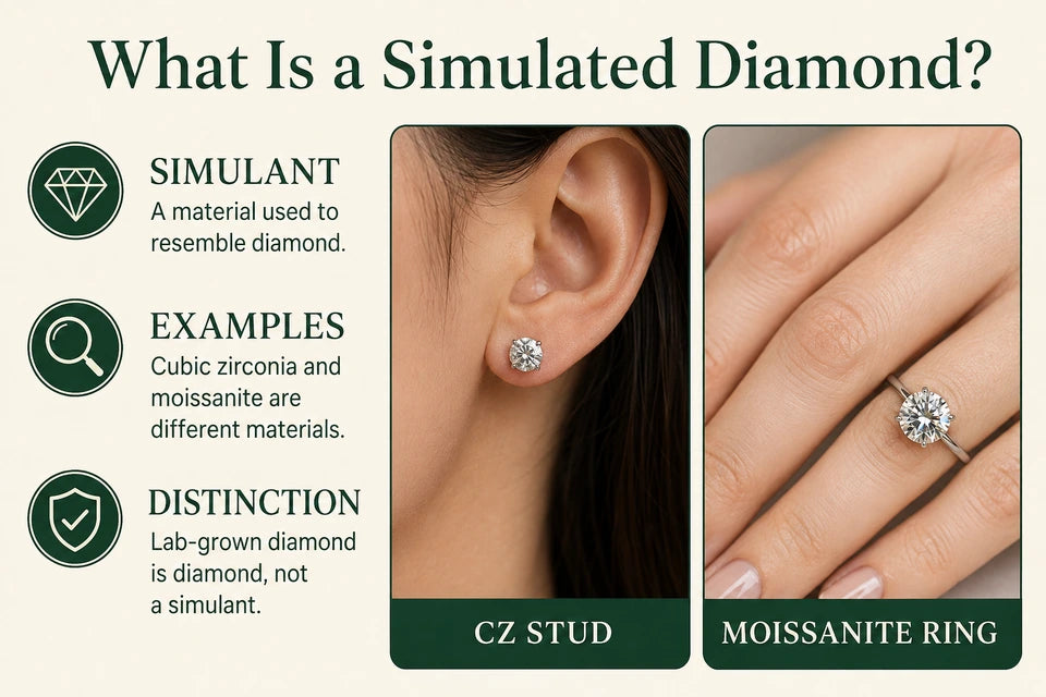 What Is a Simulated Diamond?: A material used to resemble diamond. Cubic zirconia and moissanite are different materials.
