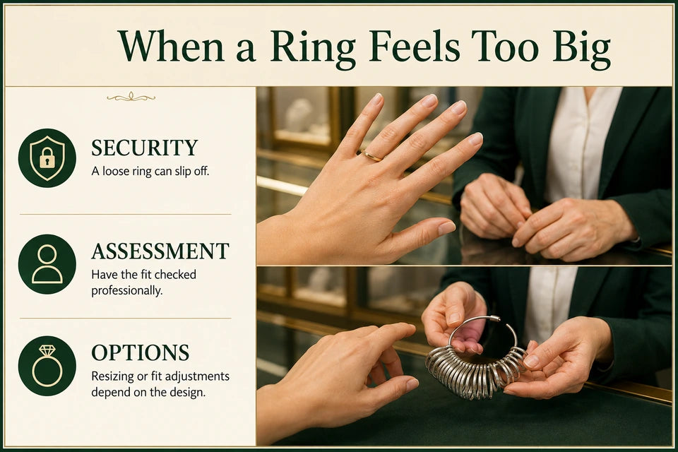 What to Do if Your Ring is Too Big: A loose ring can slip off. Have the fit checked professionally.